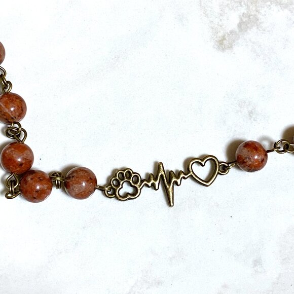 Genuine Red Jasper Short Necklace, Bronze Paw Print Heart Beat +Natural Gemstone - Picture 5 of 13